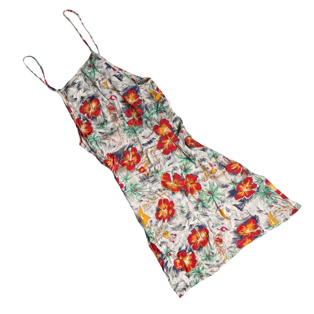 Vintage Angie Tropical Hibiscus Hawaiian Hula Girl Tie Back Mini‎ Dress Sz Large